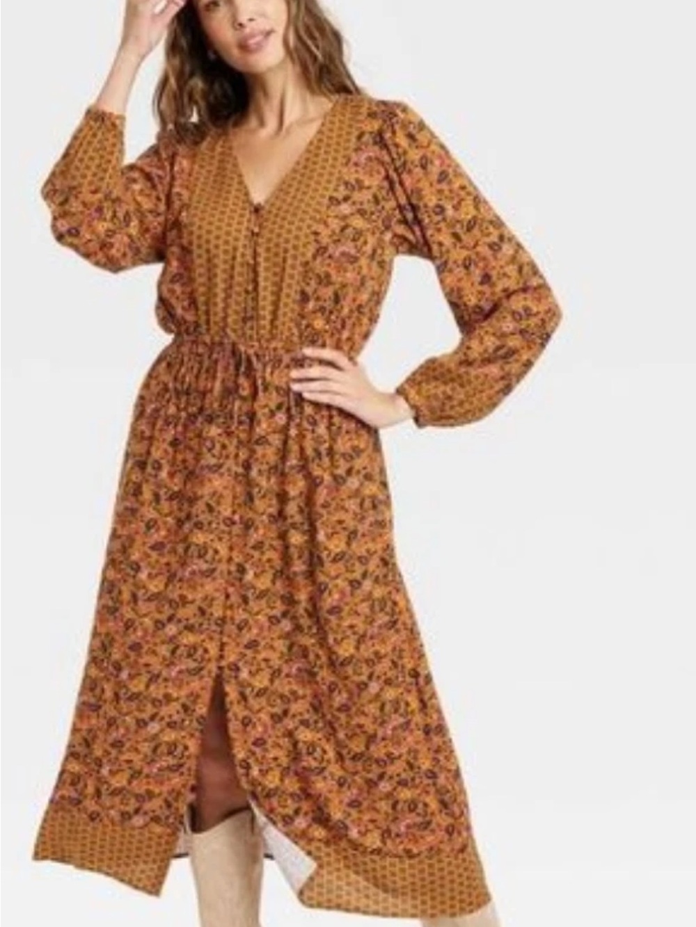 Knox Rose Rust Floral Long-Sleeve Midi Dress